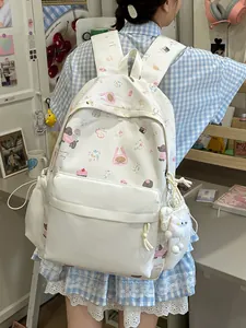 Sweet white aesthetic backpack with cute cartoon bear prints for teenage student girls