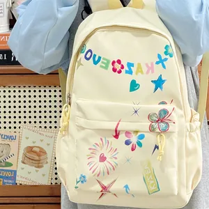Creamy-white fashion backpack with vibrant graphic prints and front zipper pocket