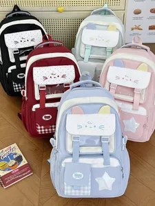 Mochila escolar coreana linda con estampados de gatos y múltiples compartimentos