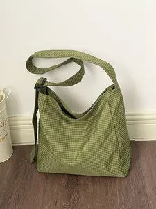 Green checkered large capacity nylon crossbody hobo bag for casual daily use for women
