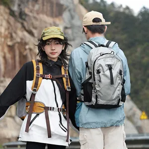 Detail view of lightweight waterproof hiking backpacks used in a mountainous setting