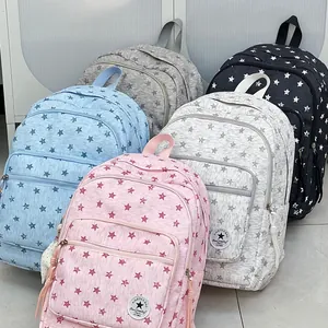 Multi-color star-print schoolbags with front zipper pockets for high school girls