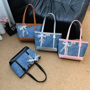 Sacs cabas en jean pour femmes avec nœuds élégants en dentelle et perles et divers coloris