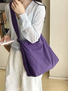 Stylish purple checkered nylon crossbody bag with large capacity for casual daily wear