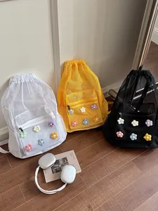 Large capacity mesh drawstring backpack with cute flower patches for summer travel