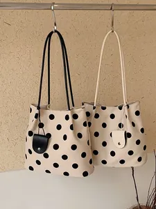 Elegant French retro polka dot tote bag with minimalist straps and mini pouch