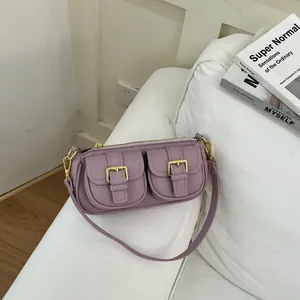 Retro Franse stijl lavendelkleurige baguette tas met dubbele gespzakken aan de voorkant