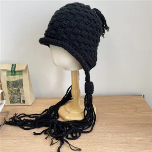 Handgestrickte Beanie-Mütze Aus Acryl Mit Ohrenklappen Und Langen Quasten Warme Winddichte Wintermütze Für Damen Studentinnen Großer Kopfumfang