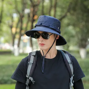 Men's outdoor navy blue sun hat for fishing and hiking with adjustable chin strap