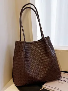 Vintage Woven Tote Bag For Women Large Capacity Faux Leather Shoulder Bag Casual Double Handle Handbag Fashion Underarm Bag