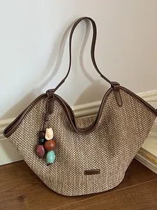 Handmade Woven Straw Tote Bag For Women Large Capacity Shoulder Bag With Colorful Beads Charm Summer Beach Vacation Travel Bag