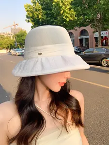 Model wearing an elegant white breathable sun hat with a wide brim for summer outdoor protection