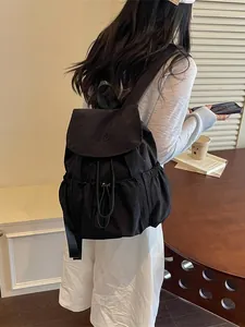 Fashionable black drawstring pleated backpack for women travel and student school use