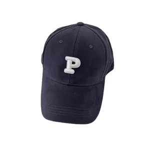 Navy blue cotton baseball cap with white embroidered letter P and curved brim.