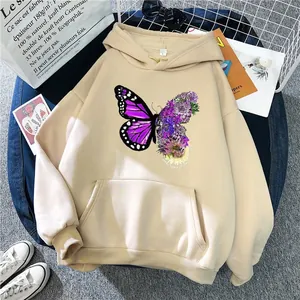Detailed view of a beige loose hooded sweatshirt with creative butterfly floral print.