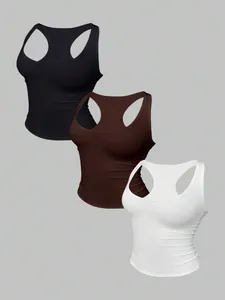 Set of three women's fixed cup camisoles in black brown and white with racerback style