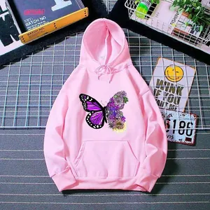 Pink fleece-lined hoodie for women featuring a unique butterfly and floral graphic print.