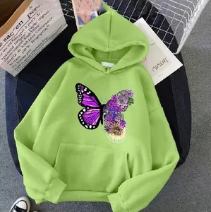 Casual lime green hoodie for women with vibrant purple butterfly and floral graphic