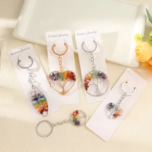 Natural Crystal Tree Of Life Keychain Hand Wrapped Wisdom Tree Key Ring Seven Color Gravel Pendant For Bag Purse Accessories Women Gift