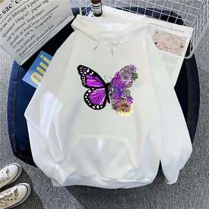 White oversized hoodie with purple butterfly and floral print detail