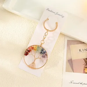 Handmade crystal Tree of Life keychain with colorful natural gemstones in gold wire wrap.