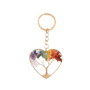 Handmade Tree of Life heart keychain with colorful natural chakra crystal chips