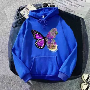 Detailed view of a cozy oversized blue hoodie featuring a butterfly floral graphic print