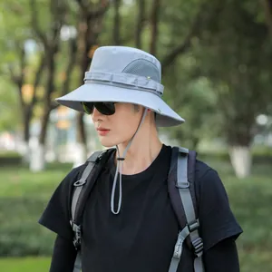 Men's grey outdoor sun bucket hat with breathable mesh and adjustable chin strap