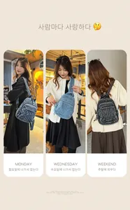 Three lifestyle views of a stylish vintage denim backpack in various blue washes for women
