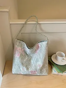 New Chinese style tote bag with pink floral embroidery and delicate white lace overlay.