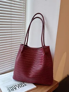 Handcrafted vintage burgundy woven leather tote bag with large capacity shoulder straps for women