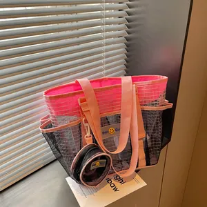Modern large capacity pink and black mesh tote bag with a matching small pouch