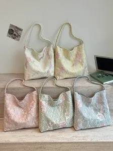 New Chinese style floral embroidery shoulder bag with braided rope handles in pastel colors