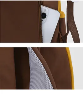 Detailed view of the anti-theft zipper pocket and breathable mesh of the brown backpack