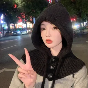 Women Winter Thickened Acrylic Knitted Balaclava Hood Scarf Shoulder Wrap With Buttons Warm Ear Protection Headwear