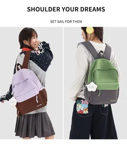 Models showcasing college-style backpacks in purple and green with cute cloud charms