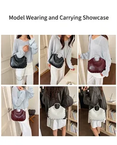 Collage showing stylish studded handbags in black, burgundy, and white on model