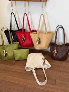 Large capacity retro woven tote bags with scallop edges and bead charms in various colors