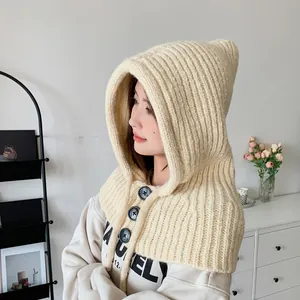 Cozy cream knitted hooded scarf shawl with buttons for women winter warm accessory