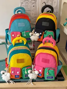 Colorful multi-compartment backpack for students with APASTTCA brand and bear charms