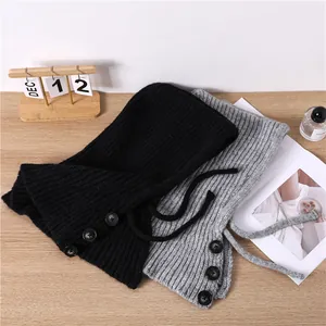 Winter warm knitted hooded scarf cowl for women with decorative buttons and drawstrings