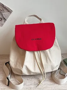 Sac à Dos Femme Style Doux Coréen Léger en Polyester Sac de Voyage Couleur Contrastée Impression de Lettres Cordon de Serrage Sac à Épaule