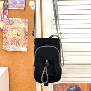 Bolso bandolera de nailon negro y verde para móvil con bolsillo de malla