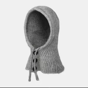 Thick knitted balaclava hooded scarf with buttons and drawstring ties for winter