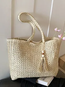 Grand Fourre-tout Minimaliste en Paille Tissée Sac à Bandoulière Avec Gland et Perles en Bois pour Femme Vacances d'Été