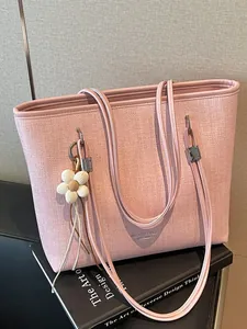 Women Large Capacity Tote Bag Summer PU Leather Commuter Shoulder Bag With Flower Pendant Casual Travel Top Handle Shopper Bag