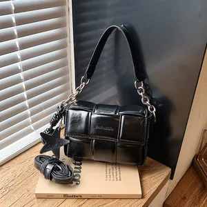 Premium black woven leather small square bag with star charm and silver chain strap