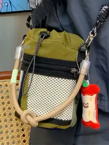 Fashion Women Mesh Patchwork Bucket Bag Niche Design Polyester Drawstring Crossbody Bag With Rope Strap And Plush Apple Pendant