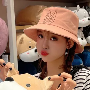 Women Cute Rabbit Ear Bucket Hat Japanese Style Casual Sun Protection Embroidered Foldable Fisherman Hat Outdoor Fashion Accessory