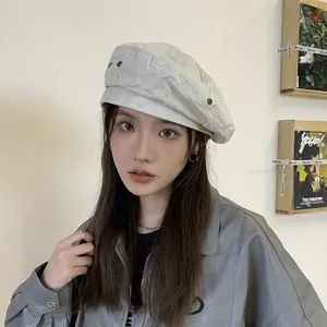 Vintage washed denim beret for women, stylish adjustable painter hat in off-white